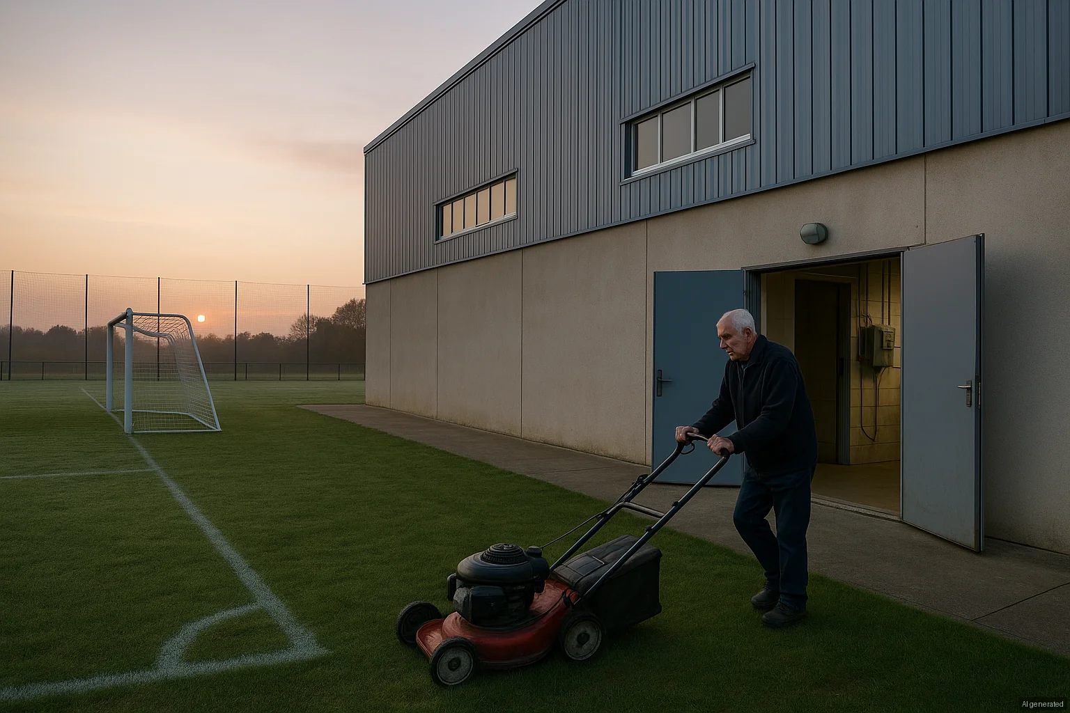 Un homme tondeuse un terrain de football synthétique au coucher du soleil, devant un bâtiment sportif moderne. Cette scène illustre l'entretien régulier nécessaire des installations sportives professi