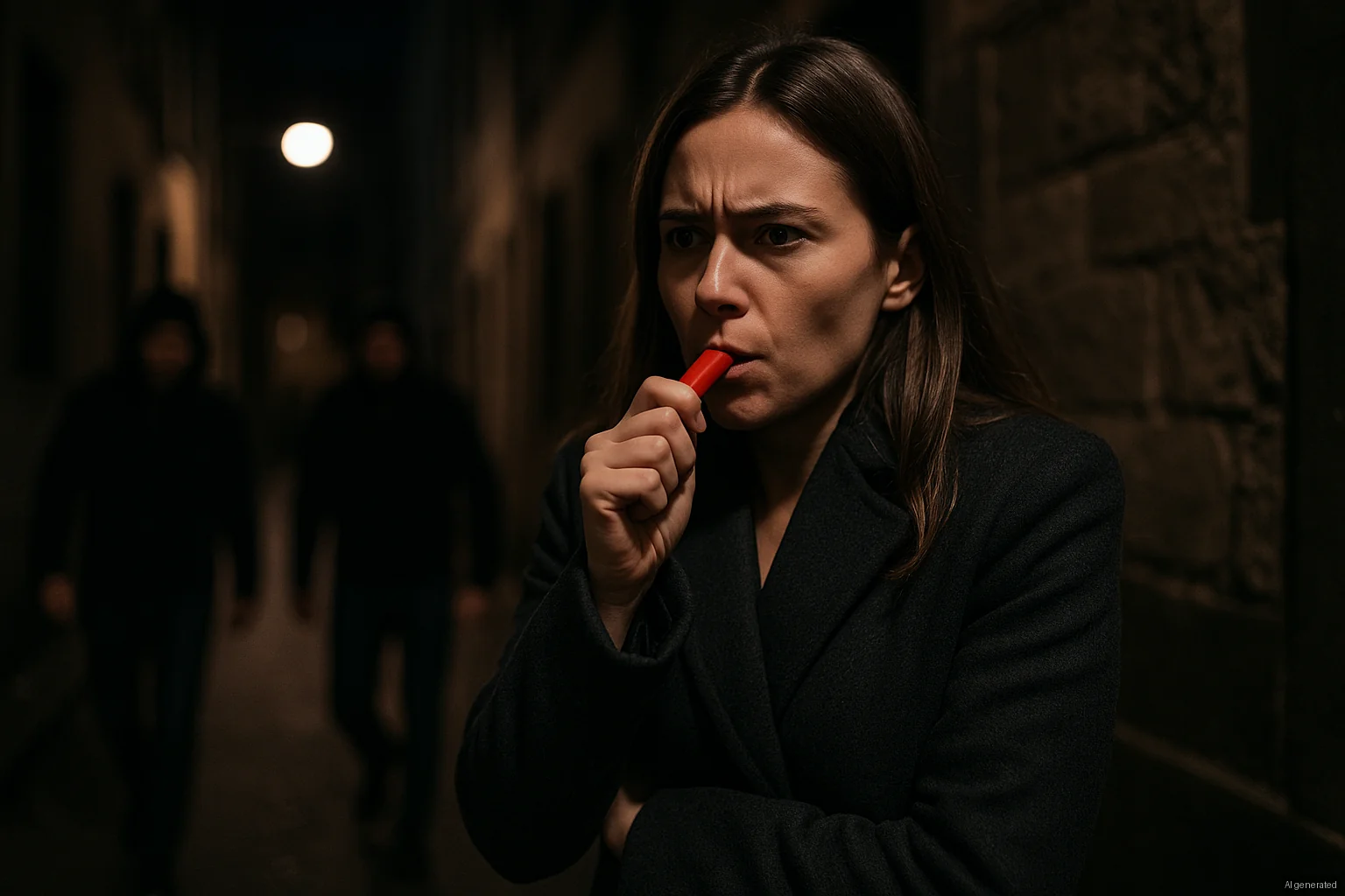Portrait dramatique d'une femme au regard intense tenant un sifflet rouge la nuit dans une ruelle urbaine. L'image capture un moment de tension et de vigilance avec un éclairage cinématographique somb