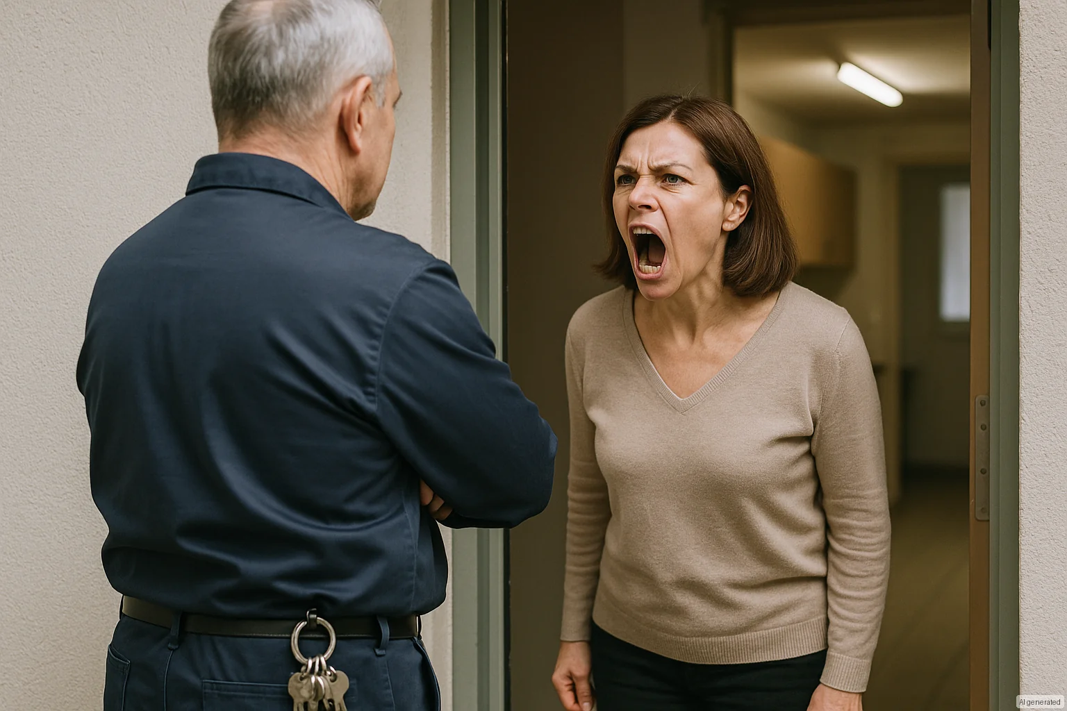 Une femme exprime son mécontentement face à un homme âgé vêtu d'un uniforme, dans un cadre intérieur moderne. La scène capture un moment de tension et de confrontation verbale entre deux personnes.